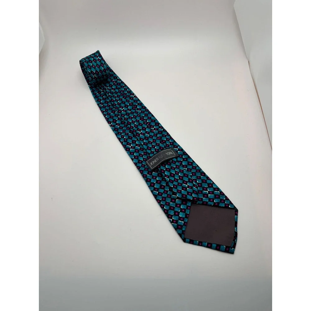 Jones New York Mens Silk Necktie Teal Magenta Geometric Hand Printed Tie